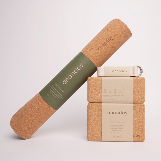 Cork yoga mat and blocks with 'ananday' branding on a light background