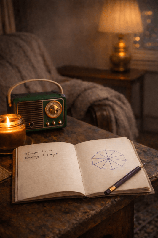 Open notebook with writing and drawing on a table next to a vintage radio and candle.