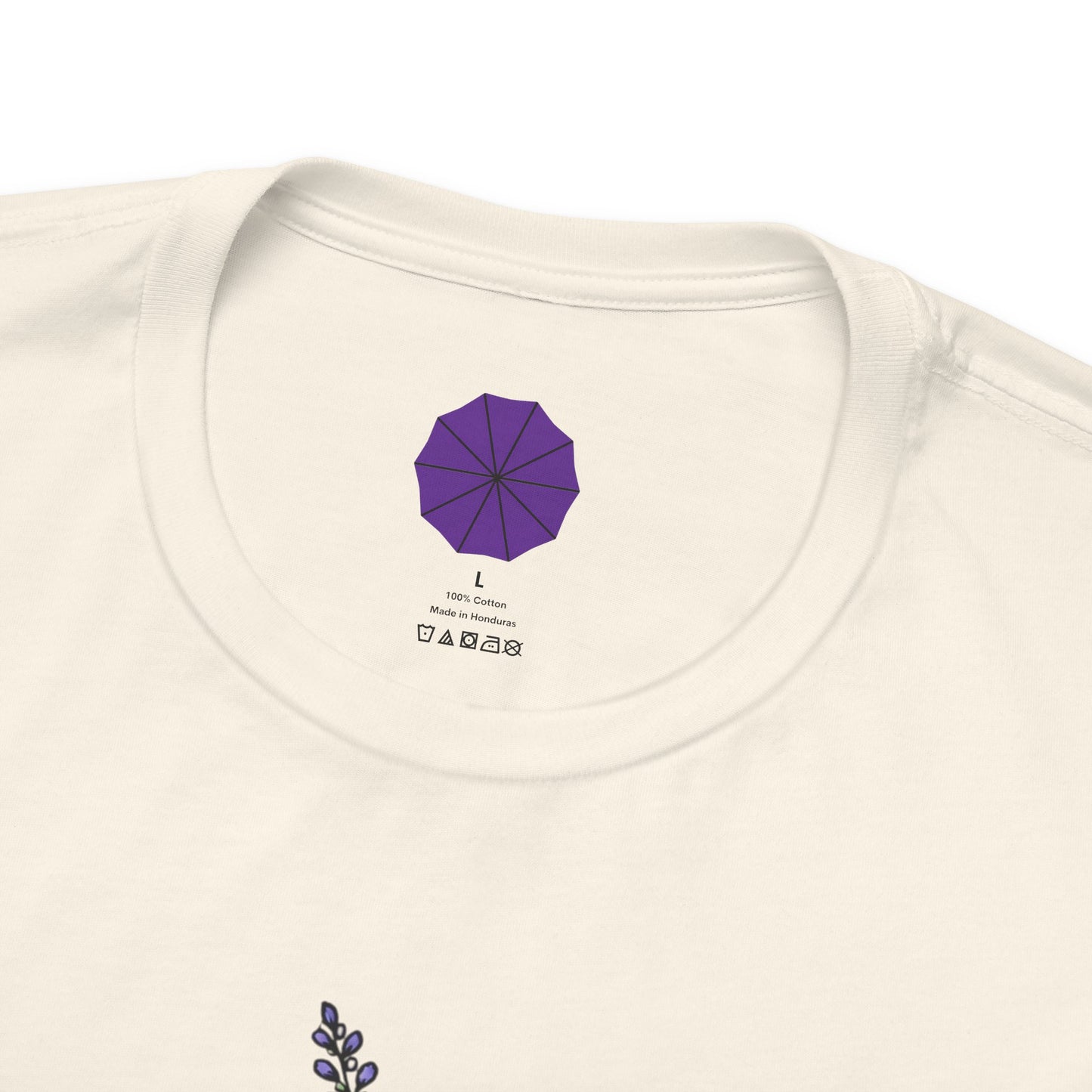 White t-shirt with a purple logo on the chest area