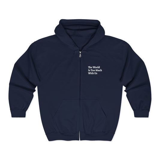 Navy blue hoodie with a logo on the chest against a white background with Wordsworth quote