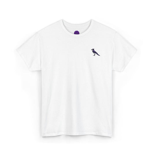 White t-shirt with a small \bluebird design on a white background
