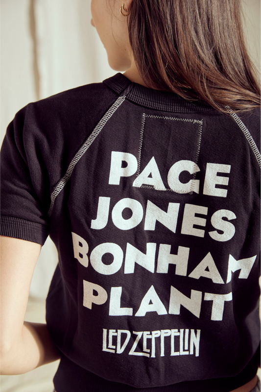 Back of the black Led Zeppelin raglan tee printed PAGE JONES BONHAM PLANT with the band logo