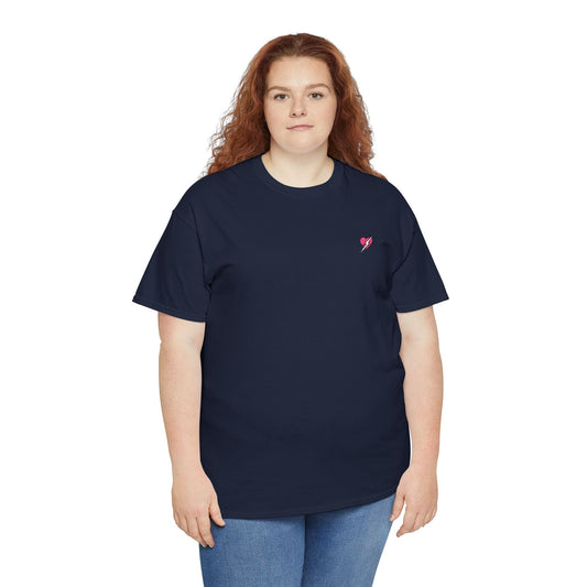 Person wearing a navy blue t-shirt with a small red heart logo on a white background