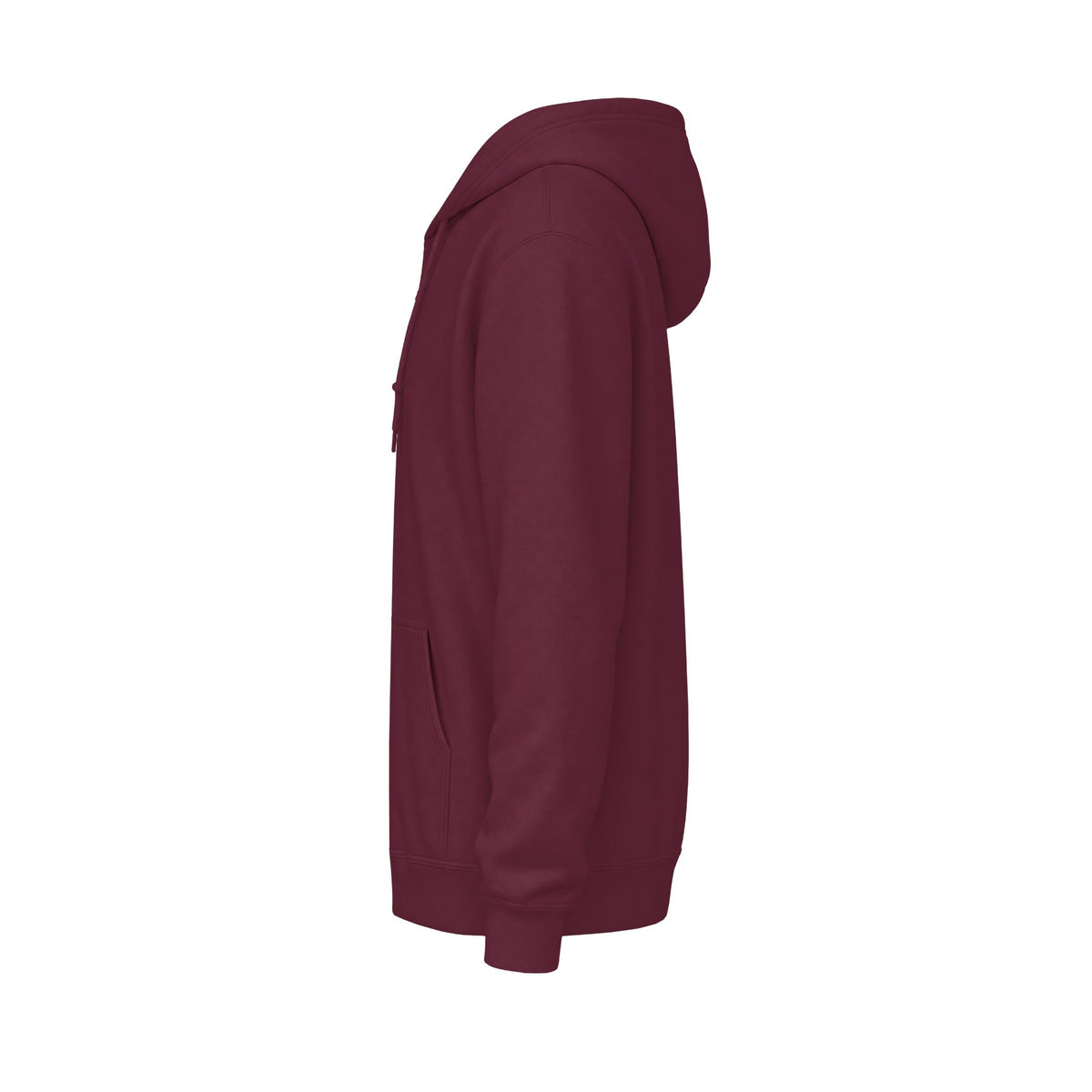 Side view of the maroon Emily Dickinson zip-up hoodie on a white background