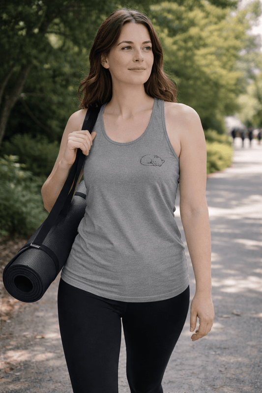 Sleepy Cat Racerback On Model Going To Yoga- ShopPurpleUmbrella