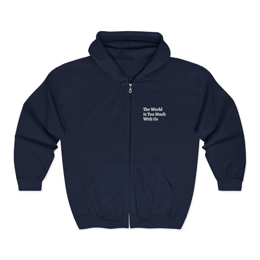 Navy blue hoodie with a logo on the chest against a white background with Wordsworth quote