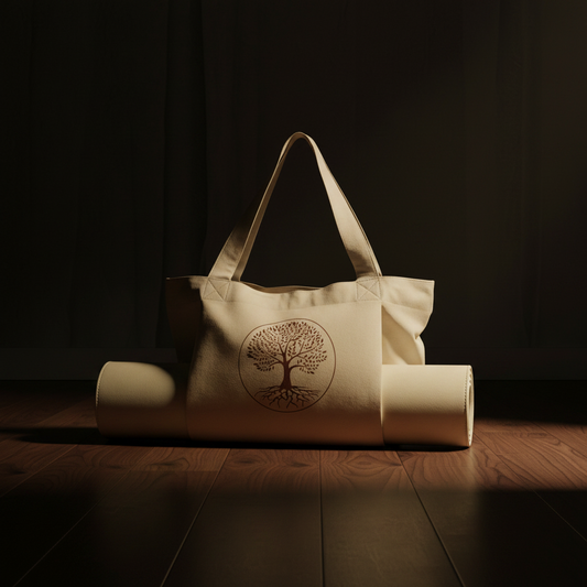 Tree of life canvas tote standing on a wood floor with a rolled beige yoga mat