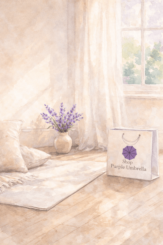 Yoga room with shop purple umbrella shopping bag