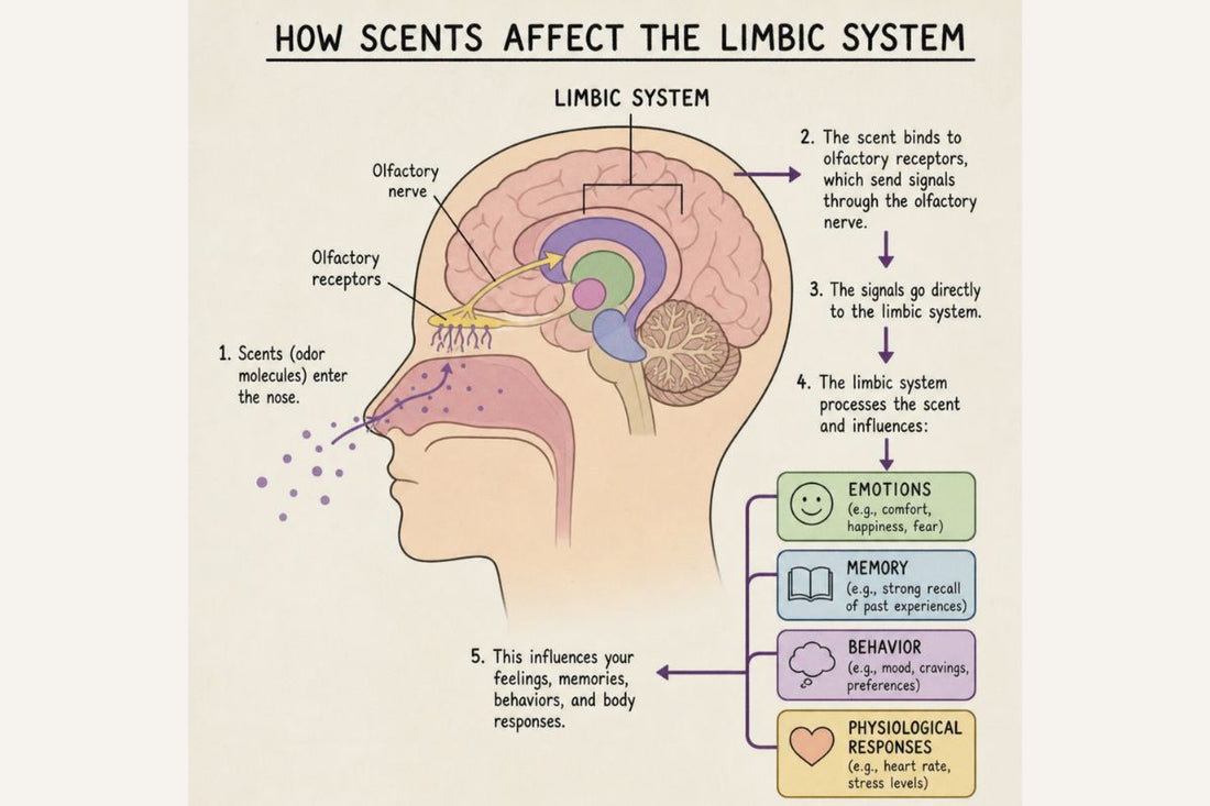 diagram showing how scents travel through the olfactory nerve to the limbic system