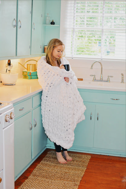 White Chunky Knit Blanket – Handmade Weighted Throw