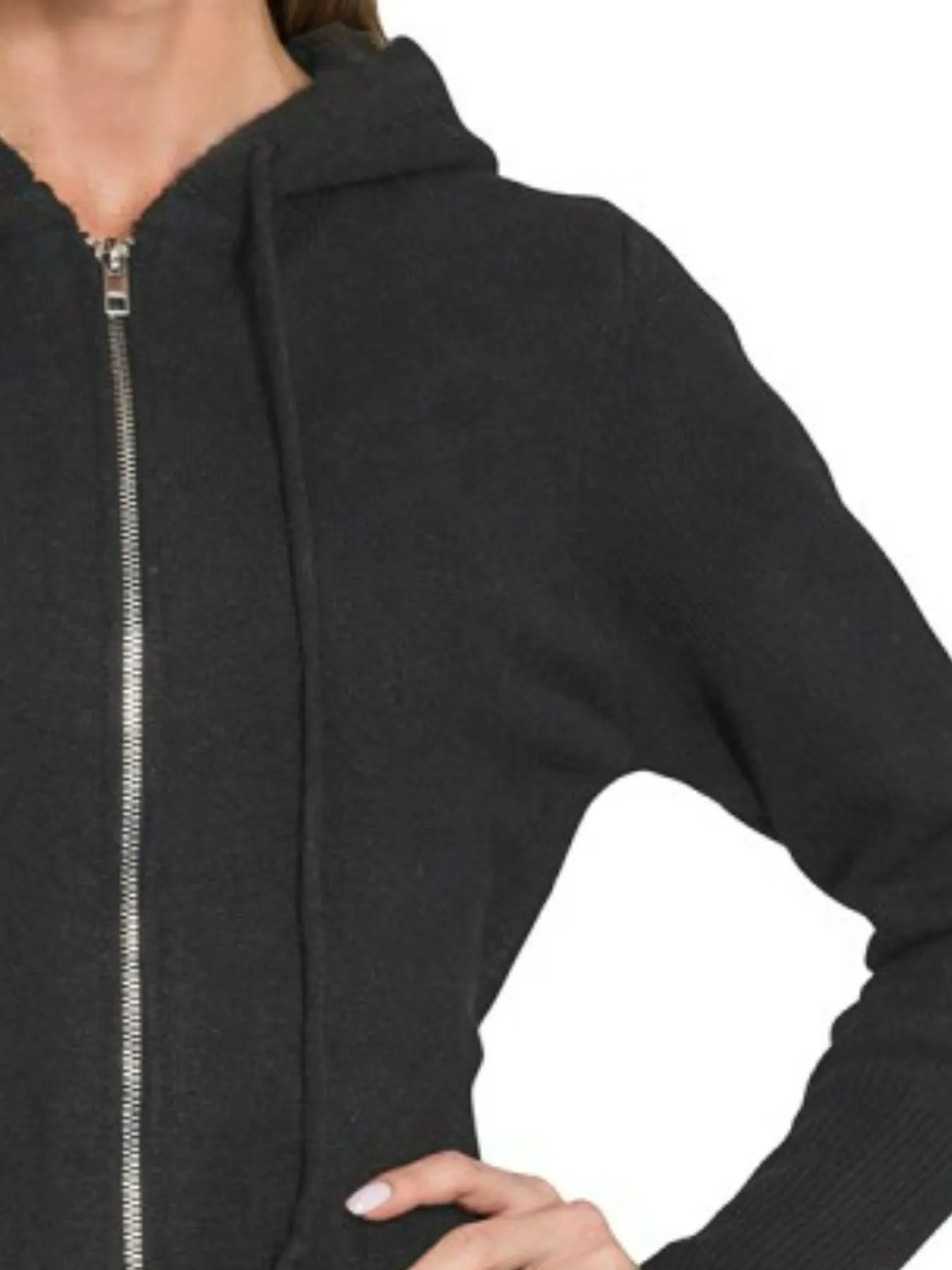 Close-up of a black zip-up hoodie on a white background