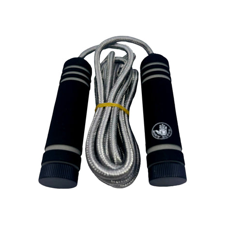 Body Glove jump rope with black foam grip handles and braided nylon cord on white background