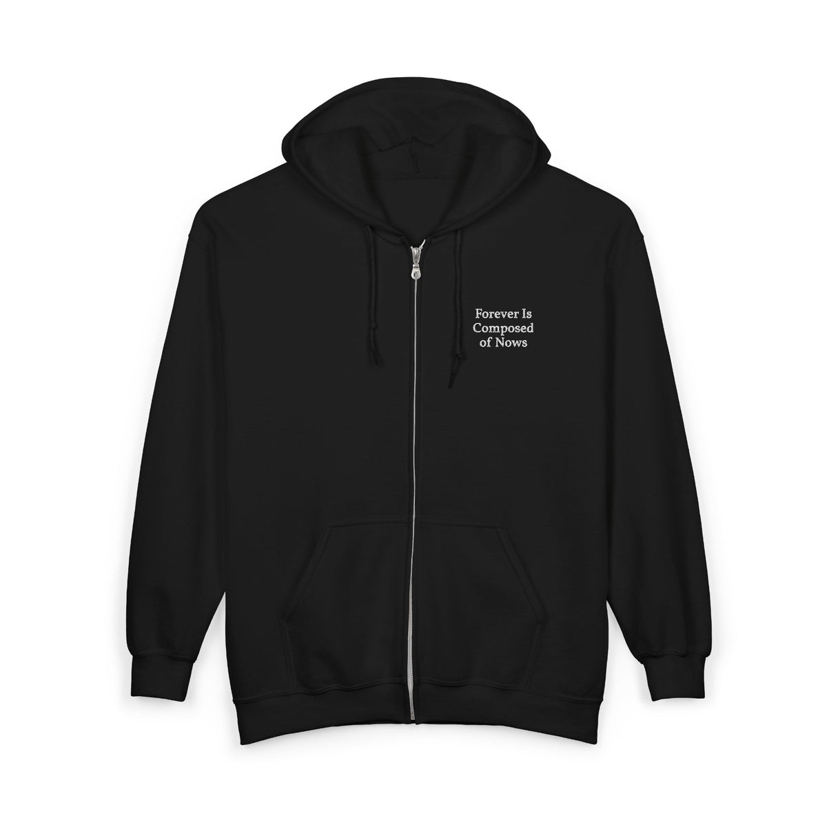 Black Emily Dickinson zip-up hoodie with "Forever is Composed of Nows" embroidered in white on the left chest