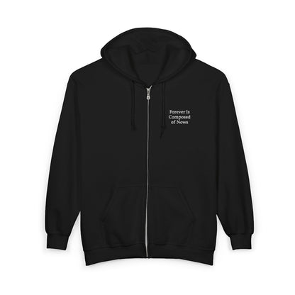 Black Emily Dickinson zip-up hoodie with "Forever is Composed of Nows" embroidered in white on the left chest