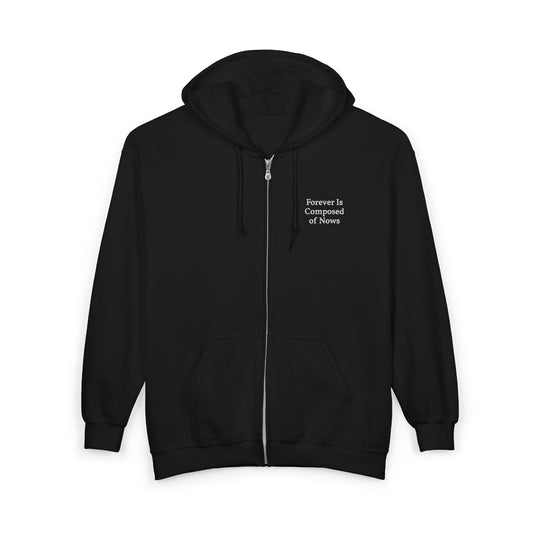 Black Emily Dickinson zip-up hoodie with "Forever is Composed of Nows" embroidered in white on the left chest