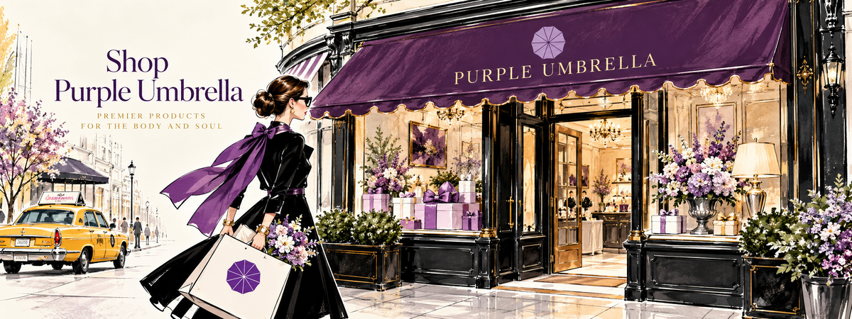 Shop Purple Umbrella: Premier Products for the Body and Soul. Illustration of a woman with a purple scarf and shopping bag outside the Purple Umbrella boutique