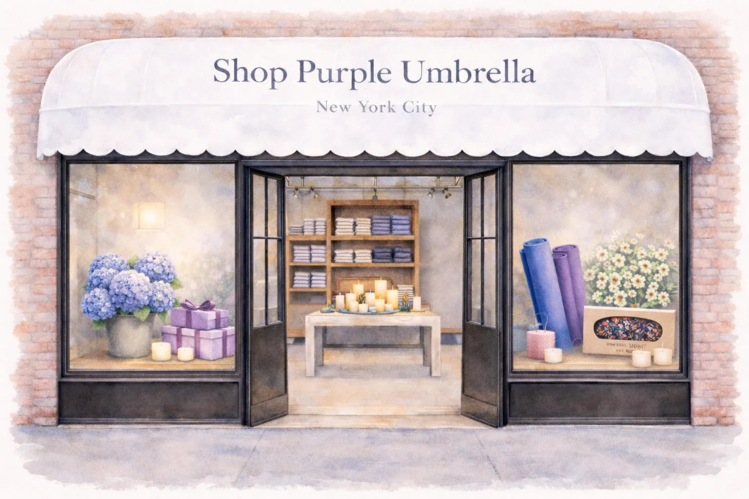 Storefront with 'Shop Purple Umbrella New York City' sign displaying yoga mats, wrapped gifts, candles, and folded women's clothing.