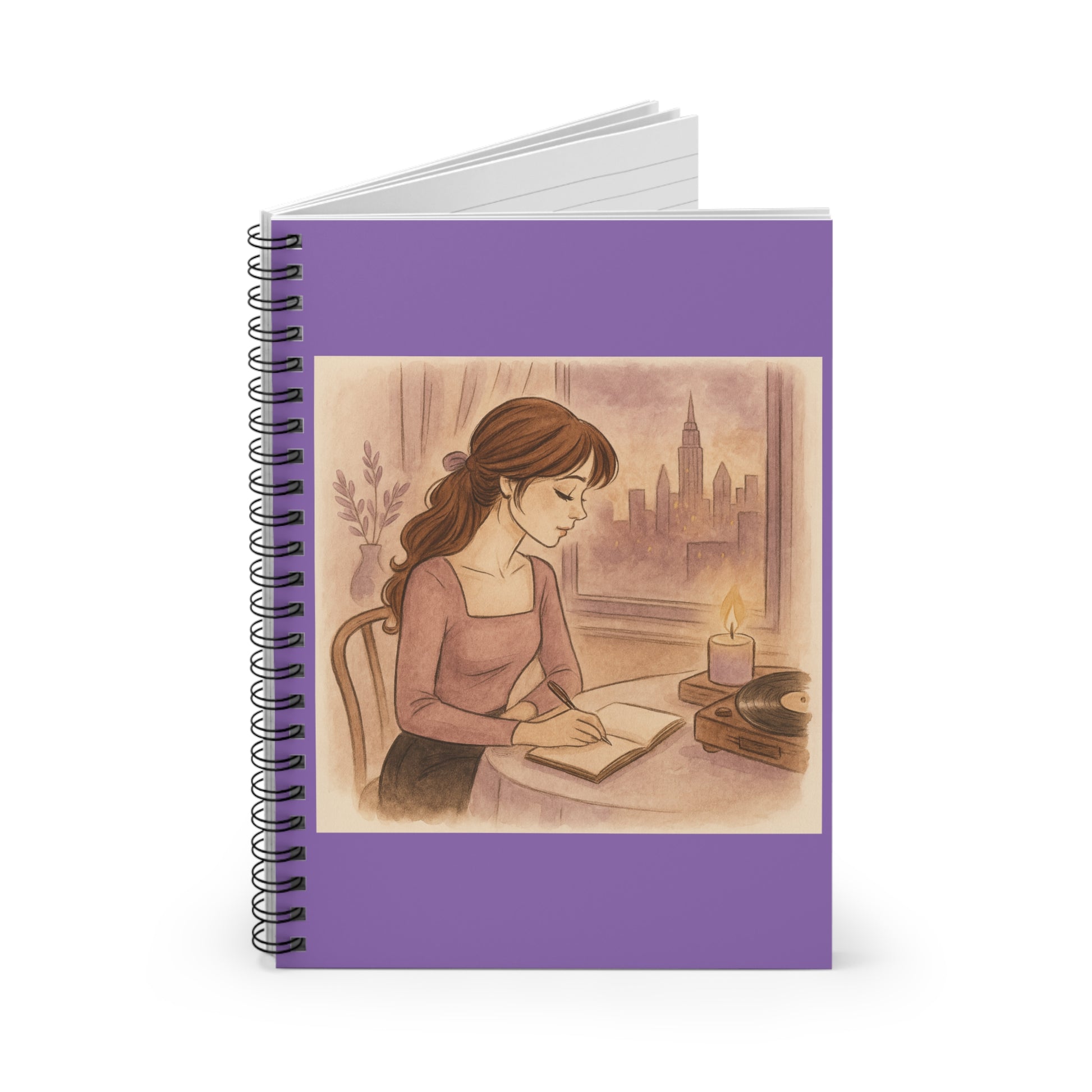 Notebook with an illustration of a woman writing at a desk on the cover, against a purple background.