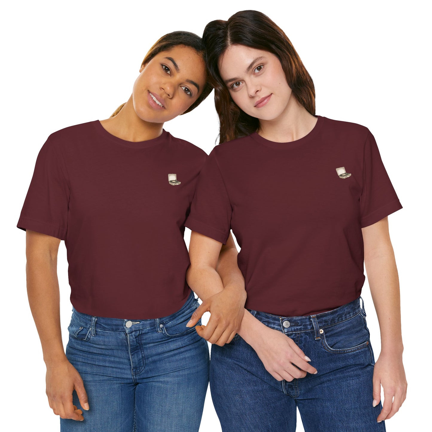 Vintage record player graphic tee on two models