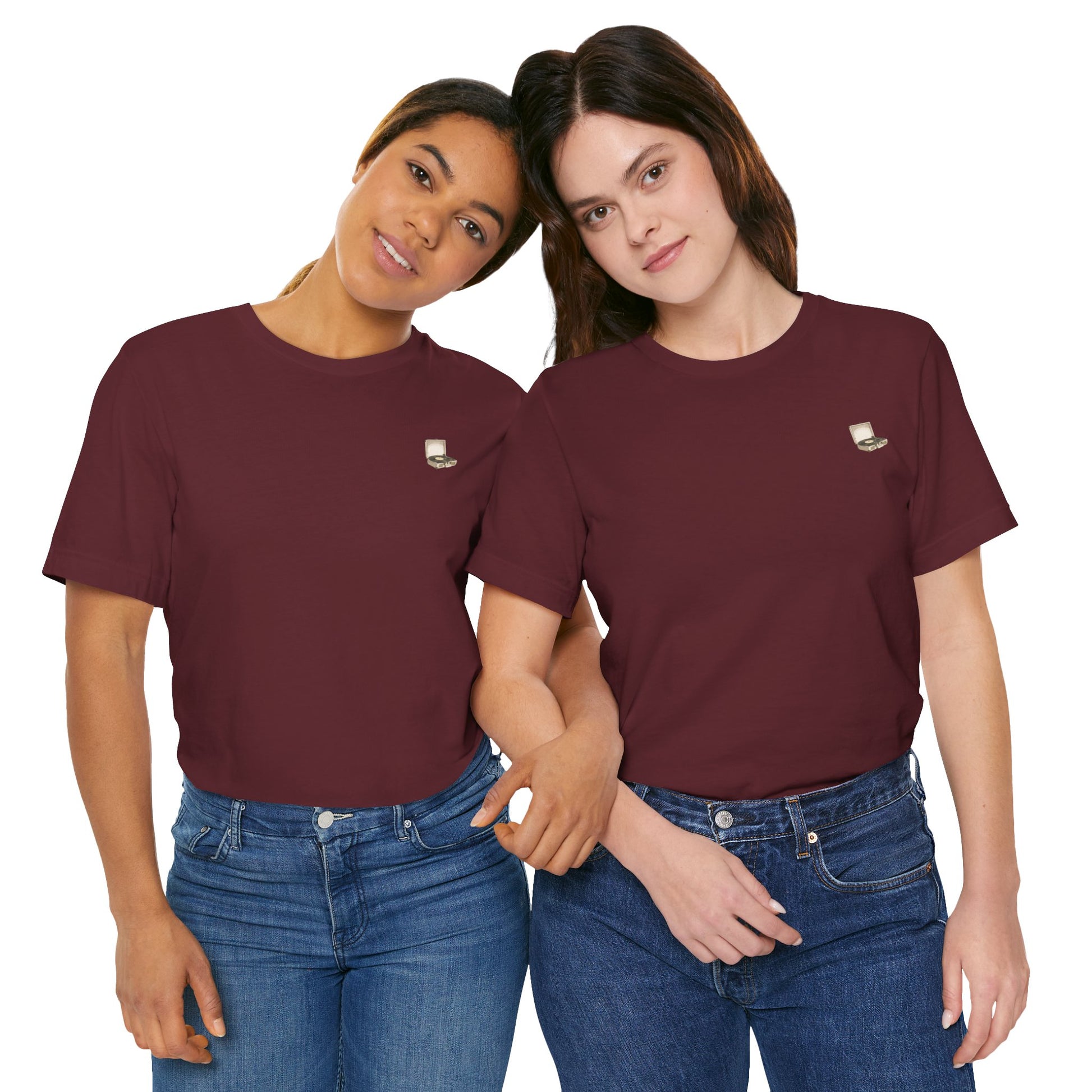 Vintage record player graphic tee on two models