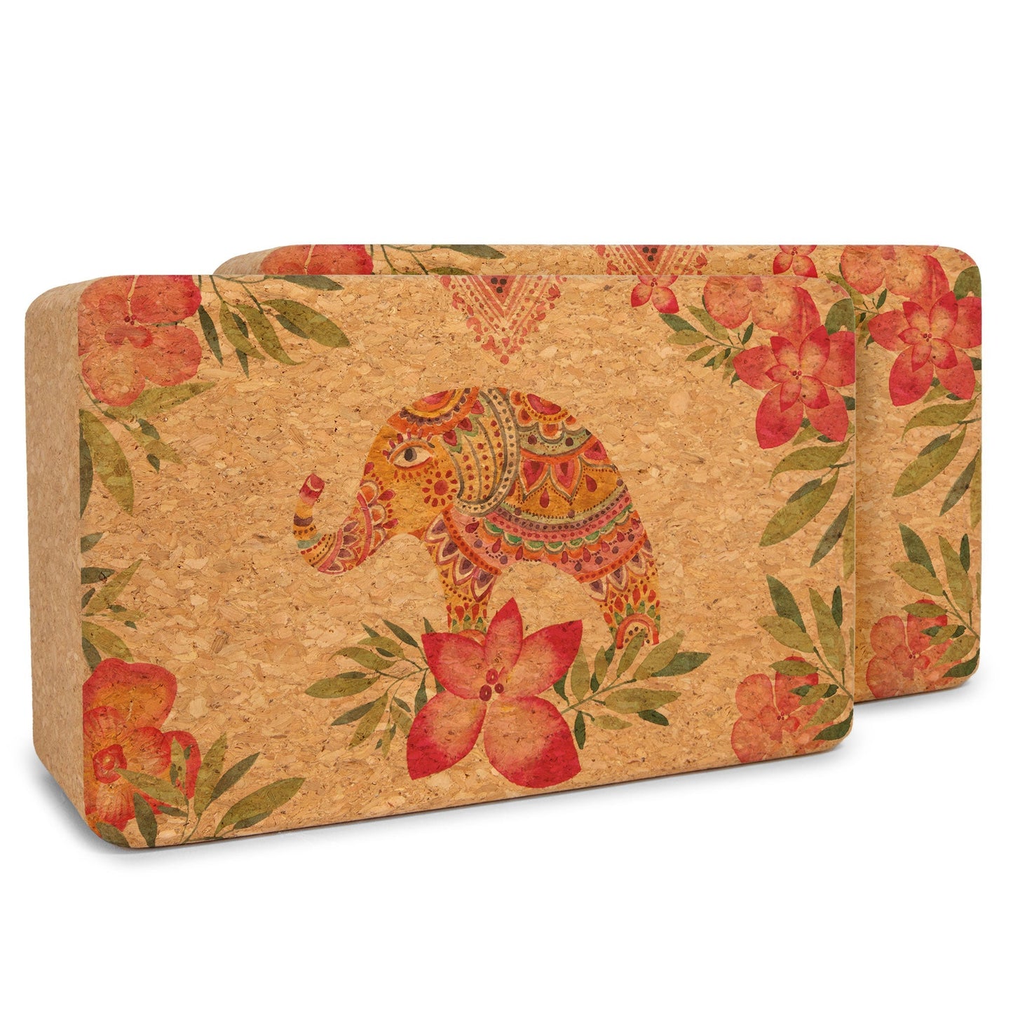 Cork yoga block with floral and elephant design on a white background