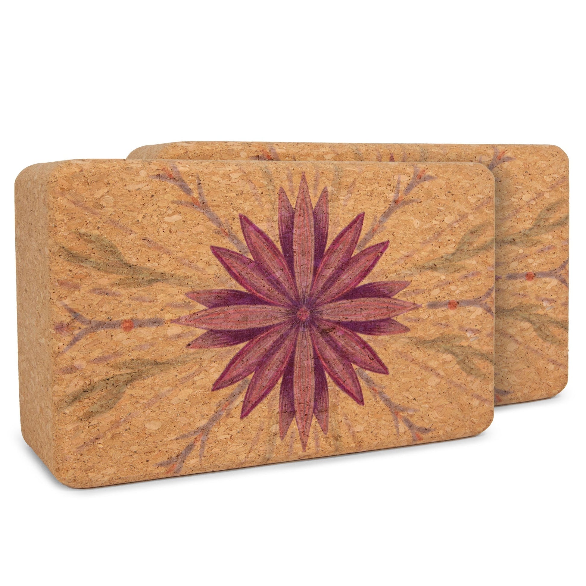 Cork yoga block with a star design on a white background