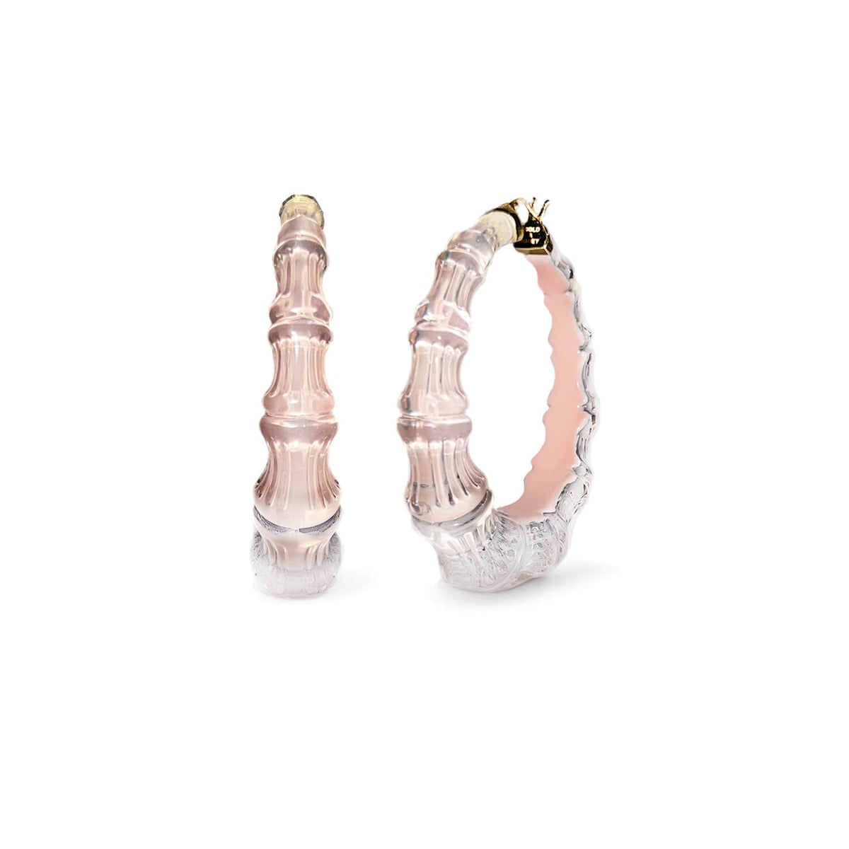 Pale pink Ballerina Slipper bamboo Lucite hoop earrings, front and side view