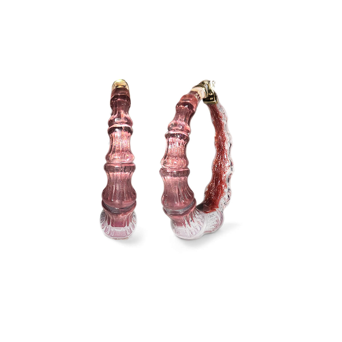 Rosy brown Cocoa bamboo Lucite hoop earrings, front and side view
