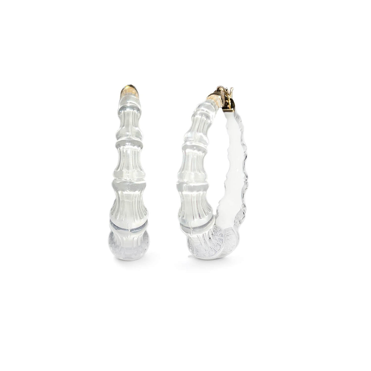 White Dove bamboo Lucite hoop earrings, front and side view