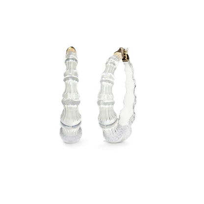 White Dove bamboo Lucite hoop earrings, front and side view