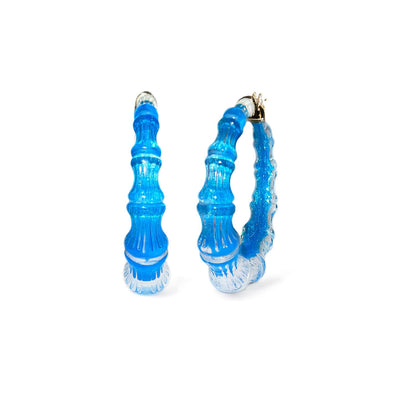 Bright blue Fiji bamboo Lucite hoop earrings, front and side view