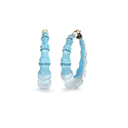 Light Ice Blue bamboo Lucite hoop earrings, front and side view