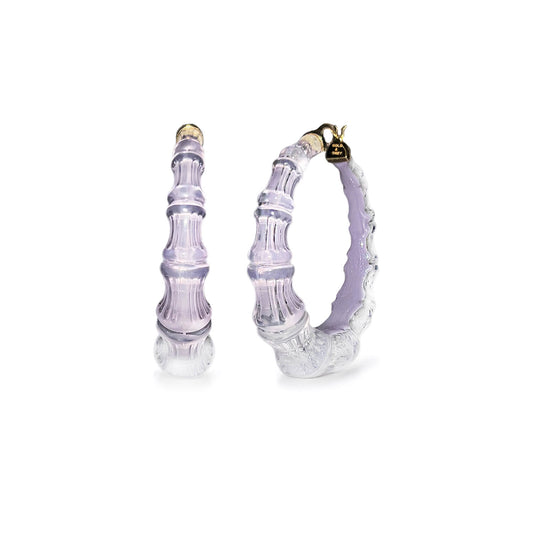 Lavender bamboo Lucite hoop earrings, front and side view showing color fading to clear