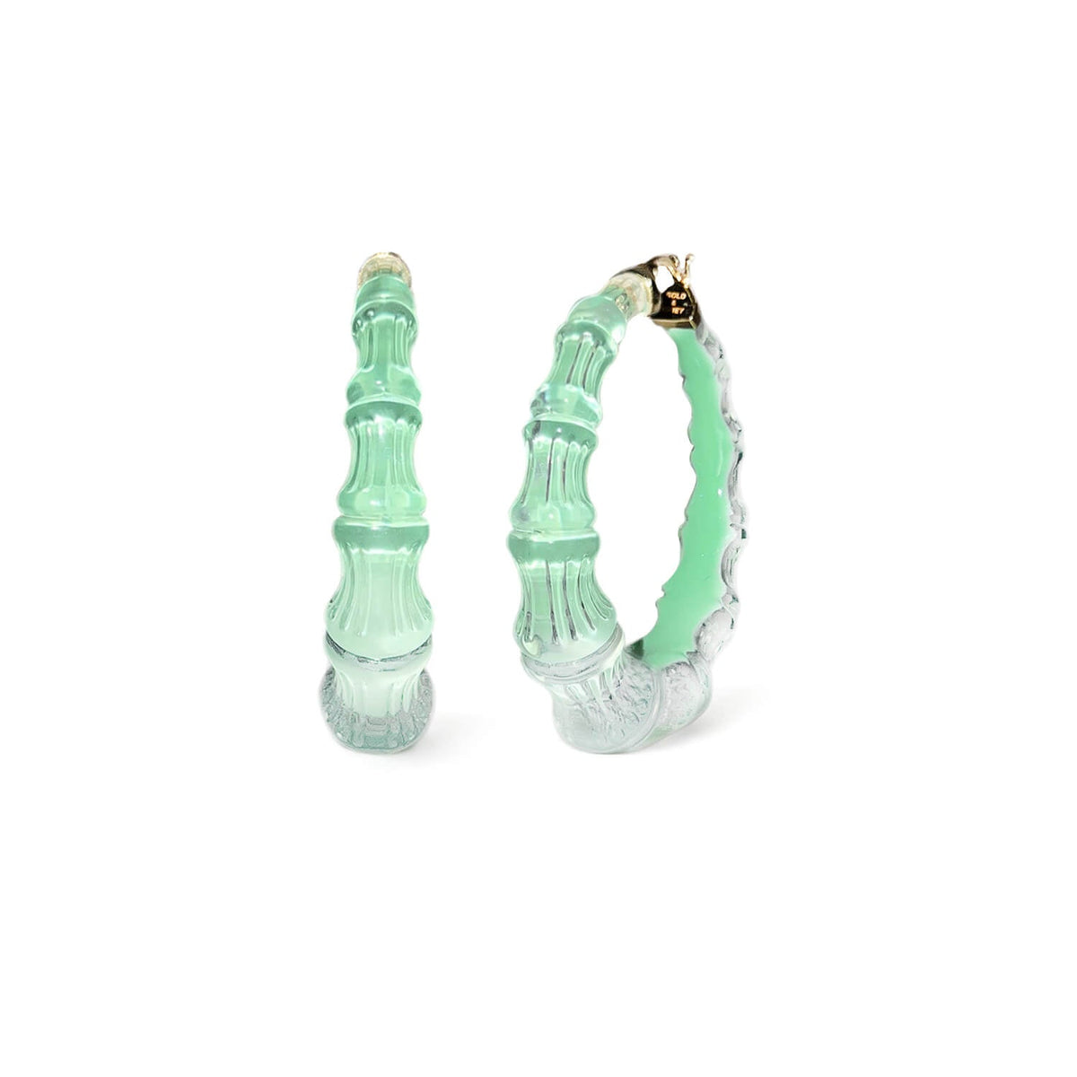 Mint green bamboo Lucite hoop earrings, front and side view