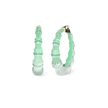 Mint green bamboo Lucite hoop earrings, front and side view