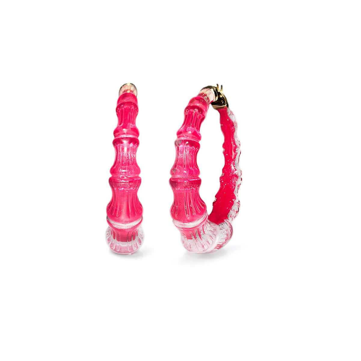 Hot pink Pink Peacock bamboo Lucite hoop earrings, front and side view
