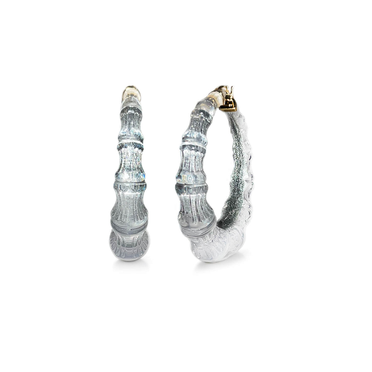 Soft gray Pixi bamboo Lucite hoop earrings, front and side view
