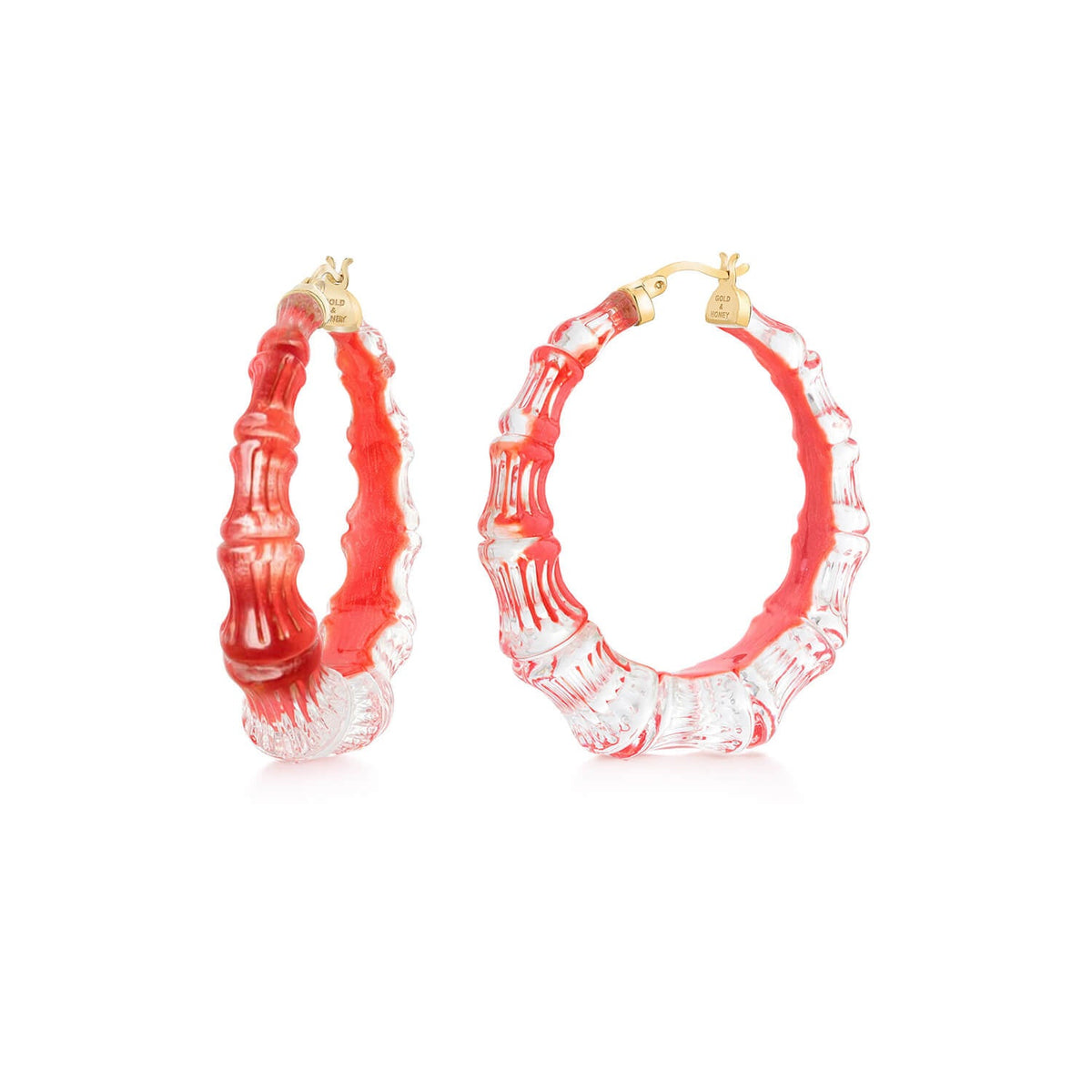 Watermelon bamboo Lucite hoops turned to show the clear side and red front