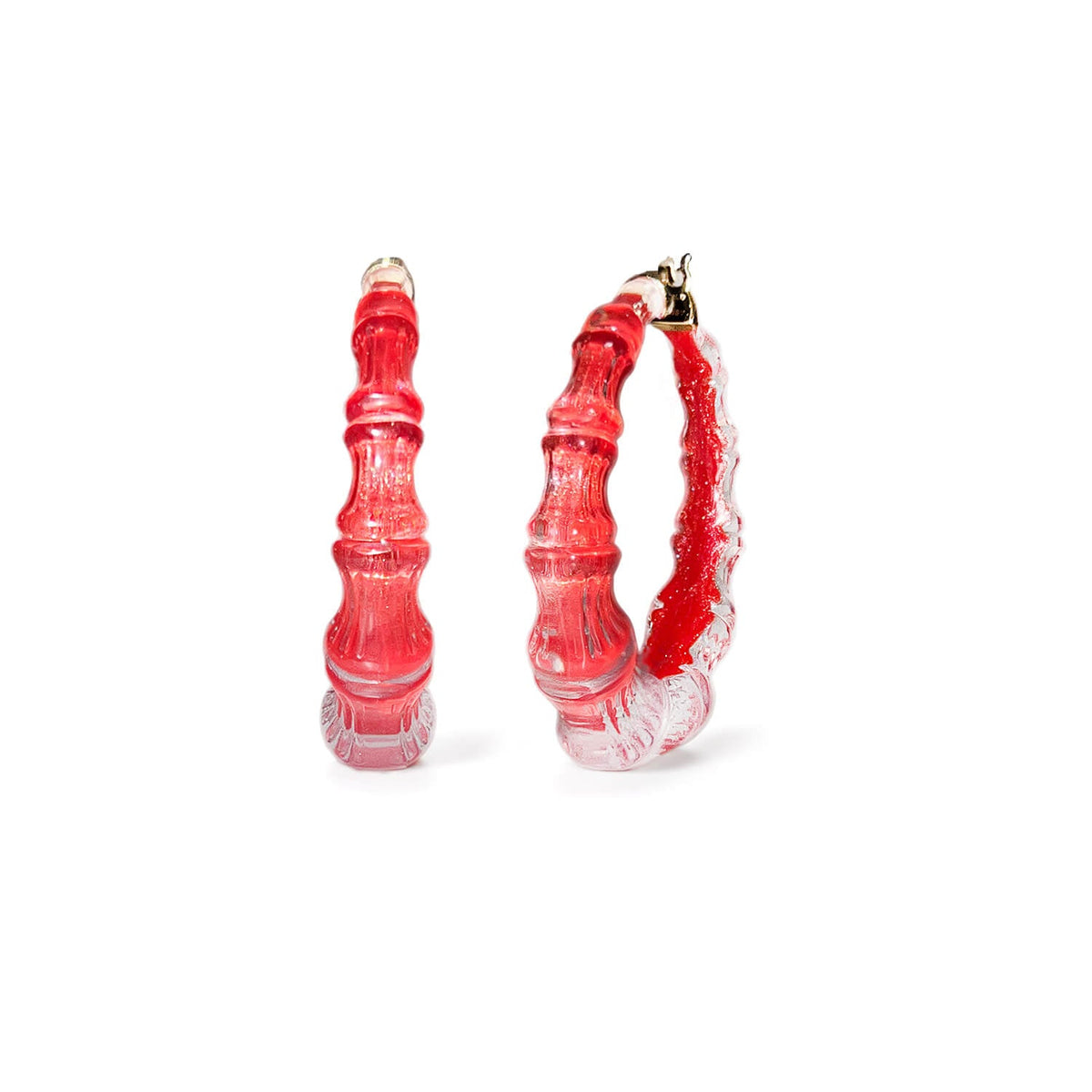 Coral red Watermelon bamboo Lucite hoop earrings, front and side view