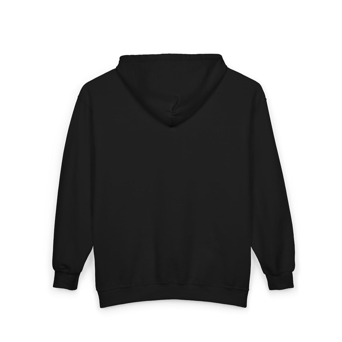 Back of the black Emily Dickinson zip-up hoodie on a white background