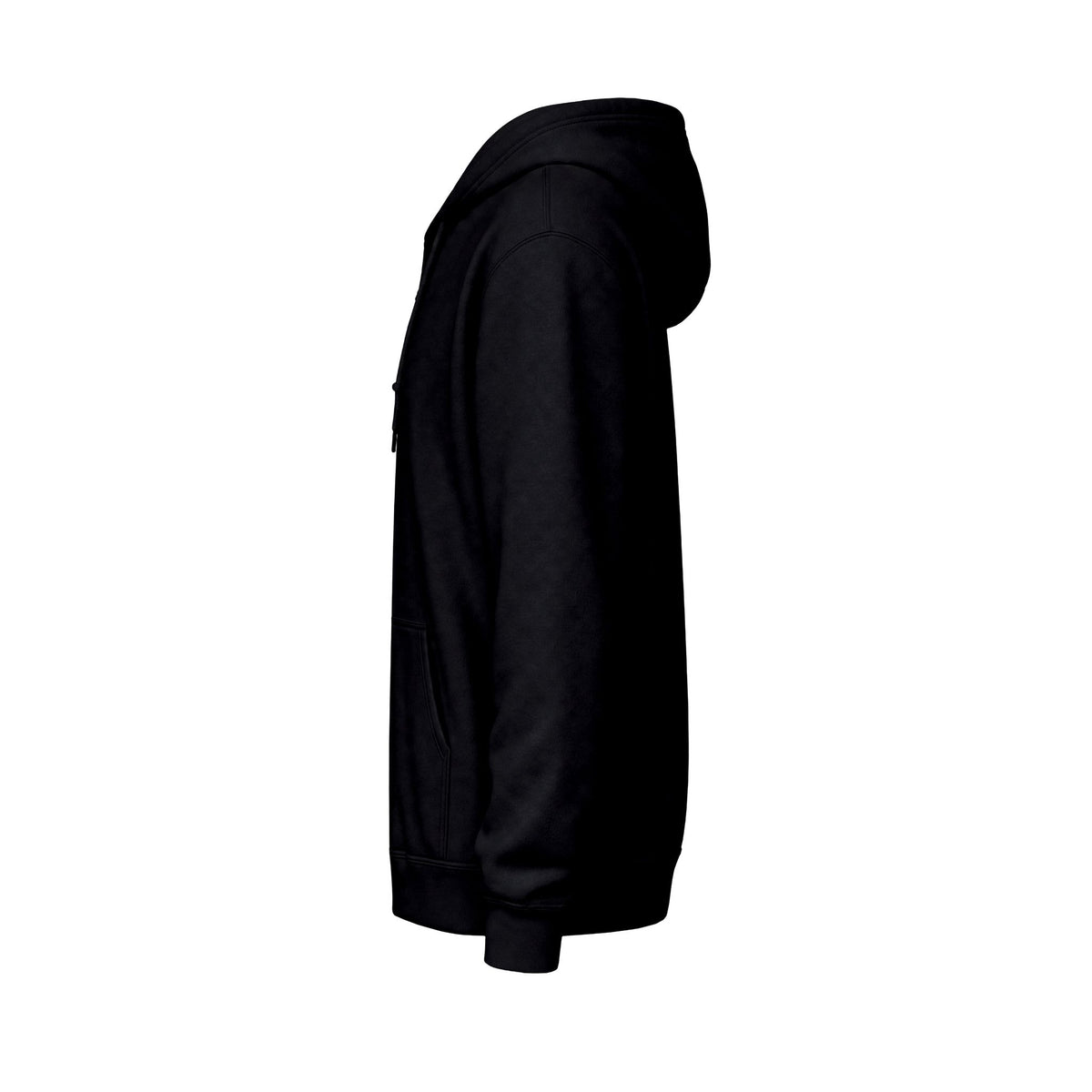A black zip up hoodie shown from the side profile against a plain white background.