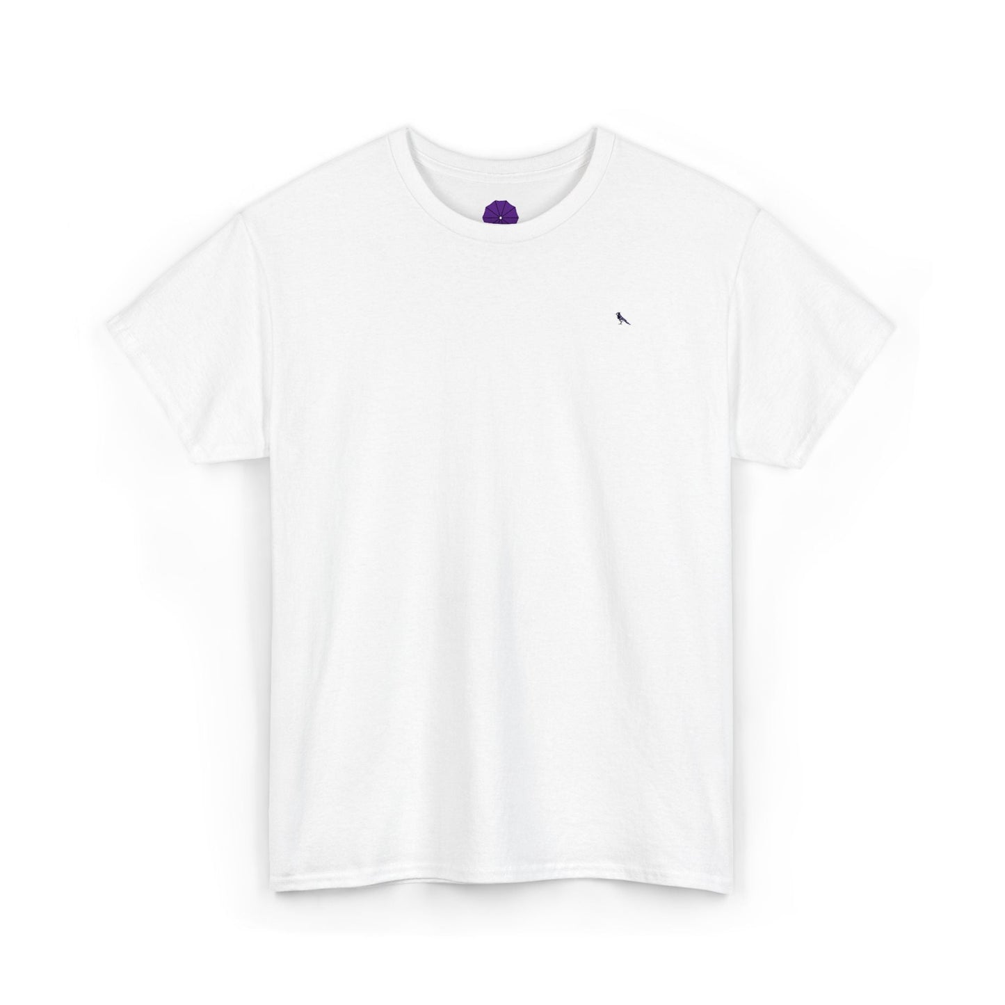 White t-shirt with a small  quiet luxury logo on a white background