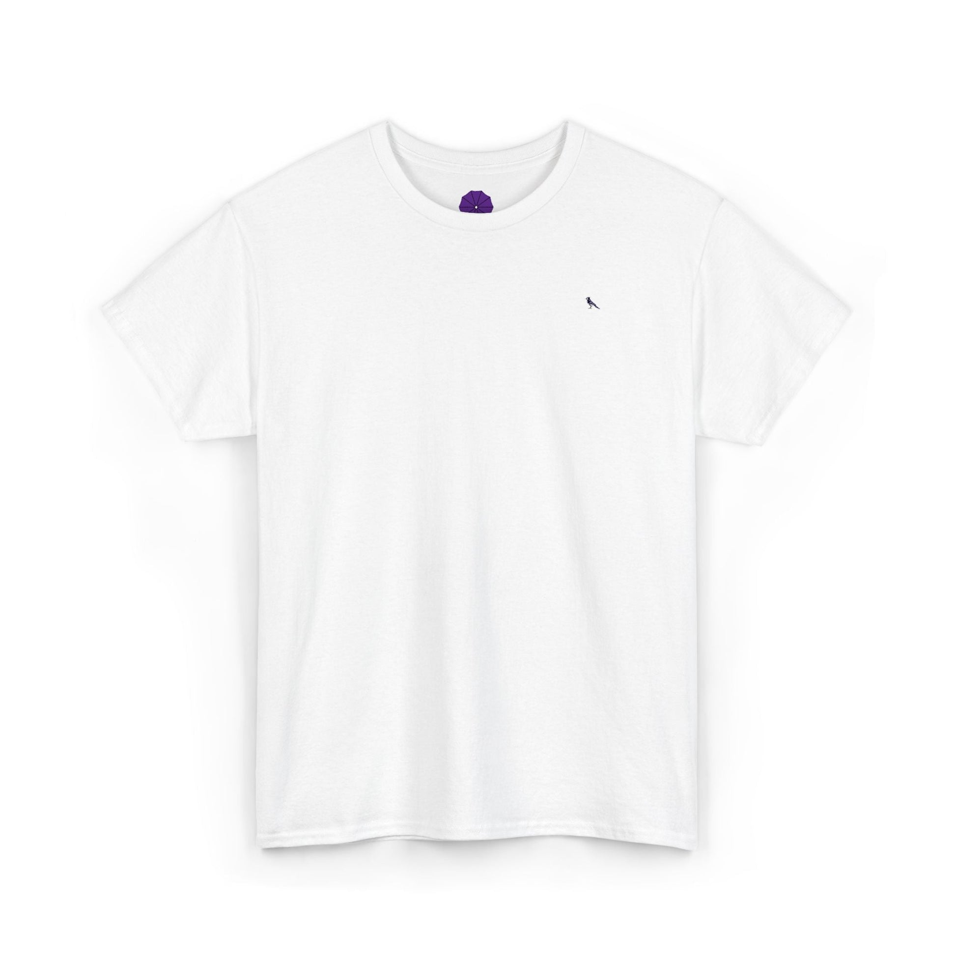 White t-shirt with a small  quiet luxury logo on a white background