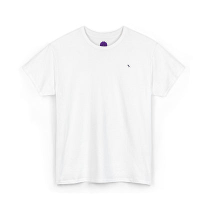 White t-shirt with a small  quiet luxury logo on a white background