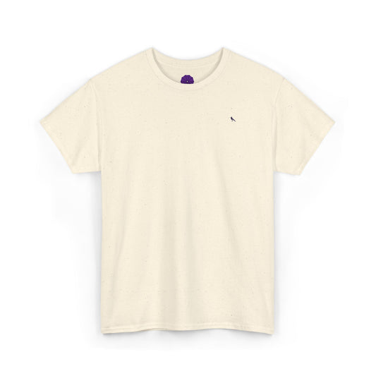 Beige t-shirt with small logo  embroidered blue bird on a white background