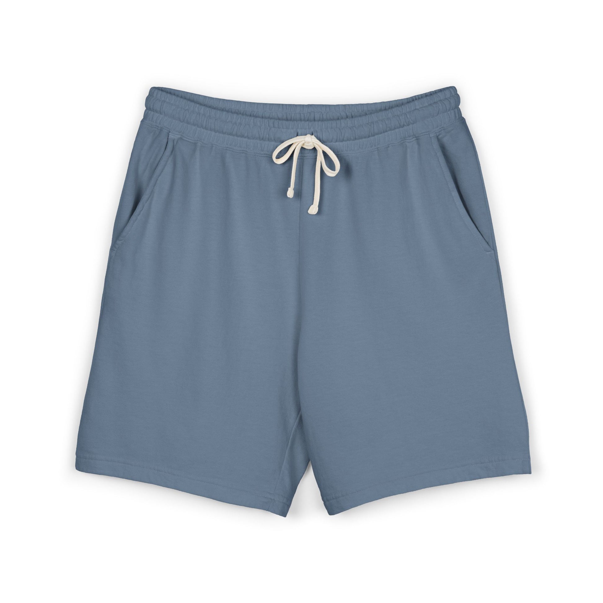 Blue shorts with a white drawstring on a white background