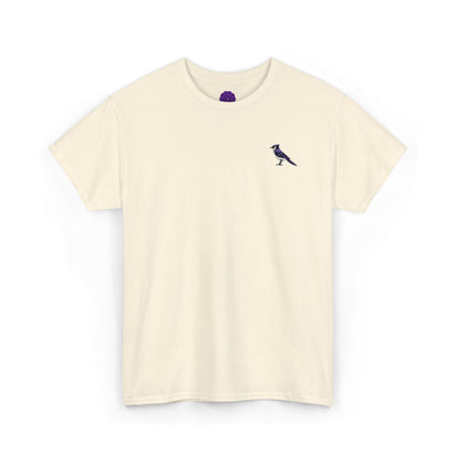 Beige t-shirt with a small bluebird design on a natural colored t-shirt
