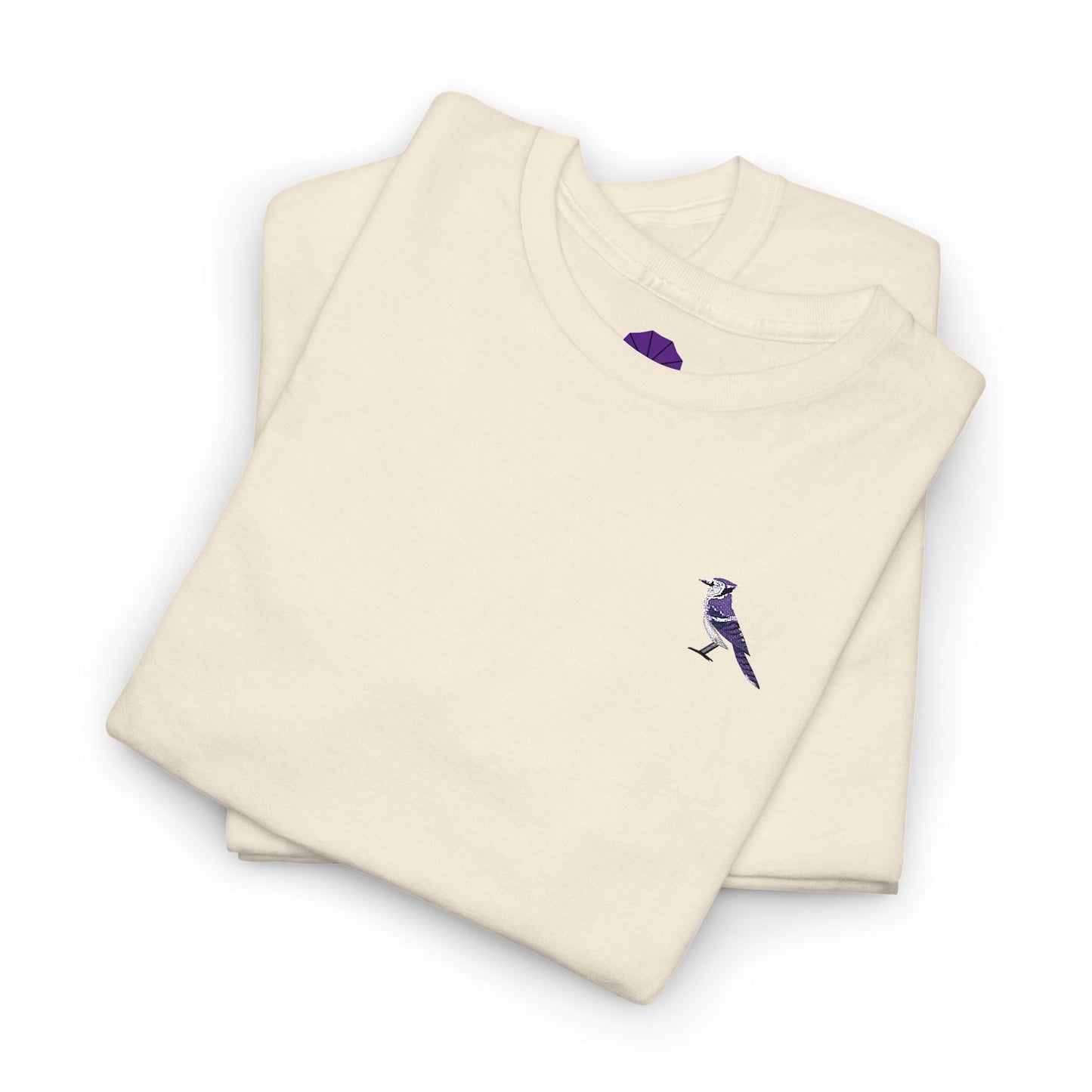 Folded beige sweatshirt with a purple logo on a white background