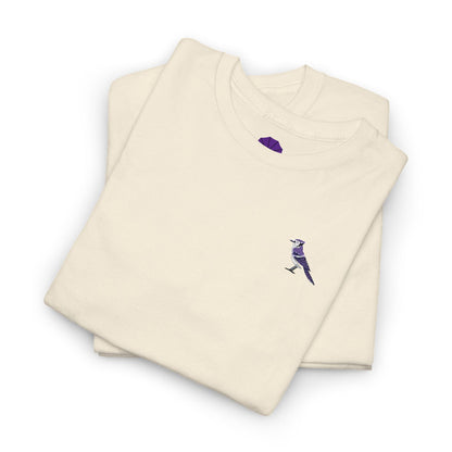 Folded beige sweatshirt with a purple logo on a white background