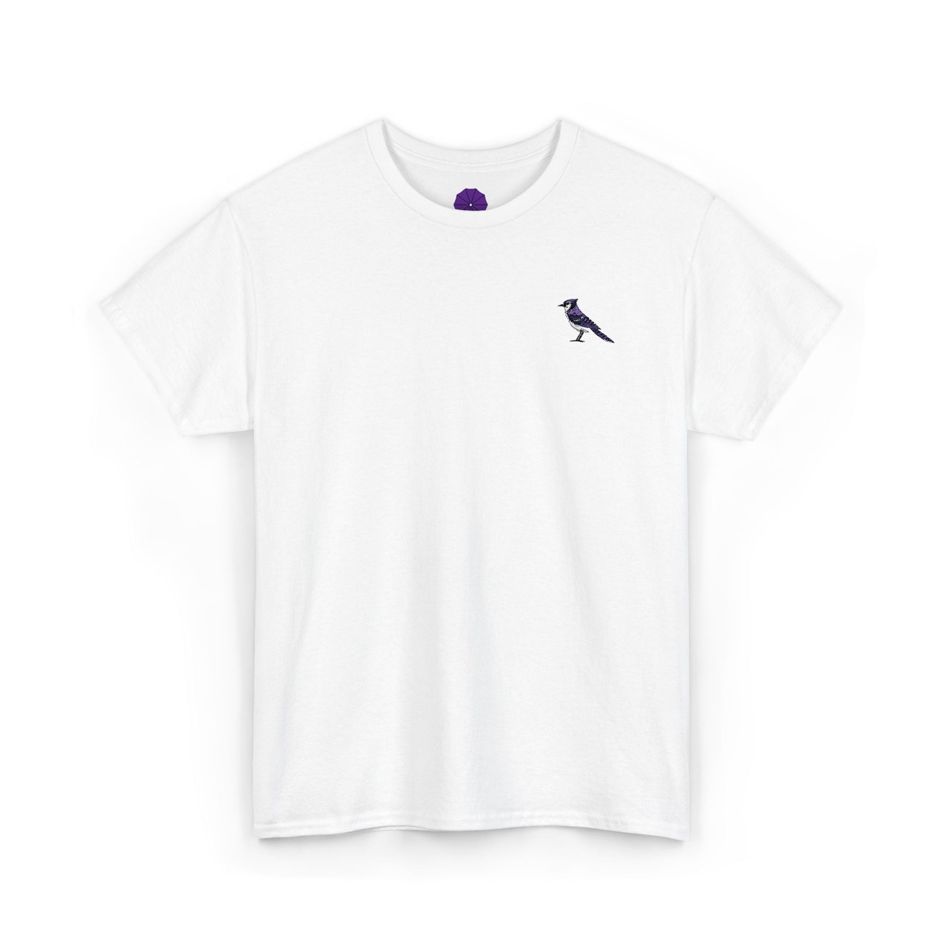 White t-shirt with a small \bluebird design on a white background